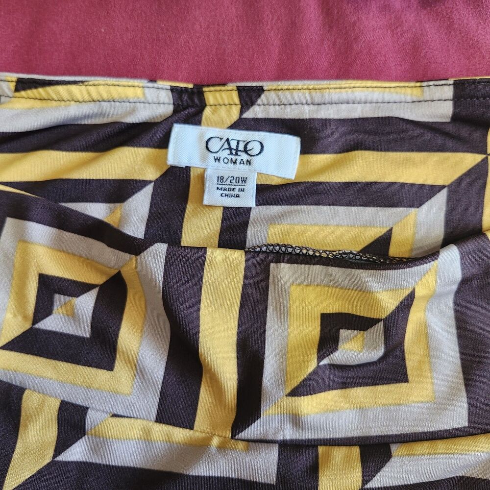 Cato 18/20W Geometric 70s Print Midi Skirt Yellow Black Pull On Stretch - Picture 4 of 8